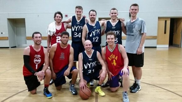Geelong Vytis make Northern American debut during their warm up match. Erikas Kamaitis, Peter Fisher, Gintas Dirse, Peter Stauskas, Darius Saplys, Alex Topper, Edis Obeliunas and Matas Jaglowitz.