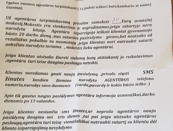 SUTARTIS. Štai tokios sąlygos nurodytos agentūros „Butų nuoma“ sutartyje. Pasak teisininkės Ramunės Riaukės, su profesionalaus teisininko pagalba tokią sutartį galima pripažinti negaliojančia / Asmeninio archyvo nuotr.