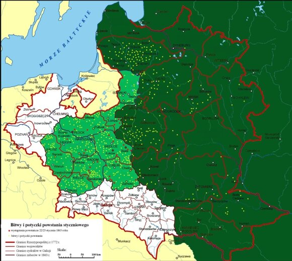 Lenkų ir lietuvių sukilimo prieš rusų jungą (1863-1864 m.) mūšių vietos (pažymėtos geltonais taškais)