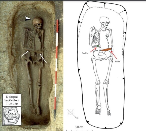 Mįslingasis skeletas, datuojamas VI–VIII amžiumi, buvo rastas Italijos šiaurėje plytinčiame langobardų kapinyne. Micarelli et al./Journal of Anthropological Sciences nuotr.