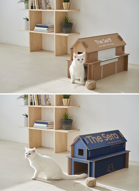 Samsung perkūrė televizorių pakuotes taip, kad iš jų būtų galima sukonstruoti namelį katėms.