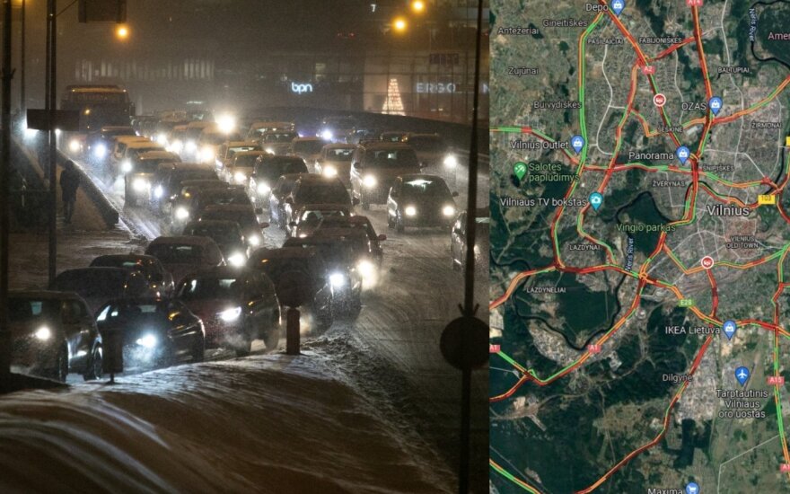 Iškritęs sniegas sustingdė pagrindines Vilniaus gatves, situaciją sunkina ir pasipylusios smulkios avarijos