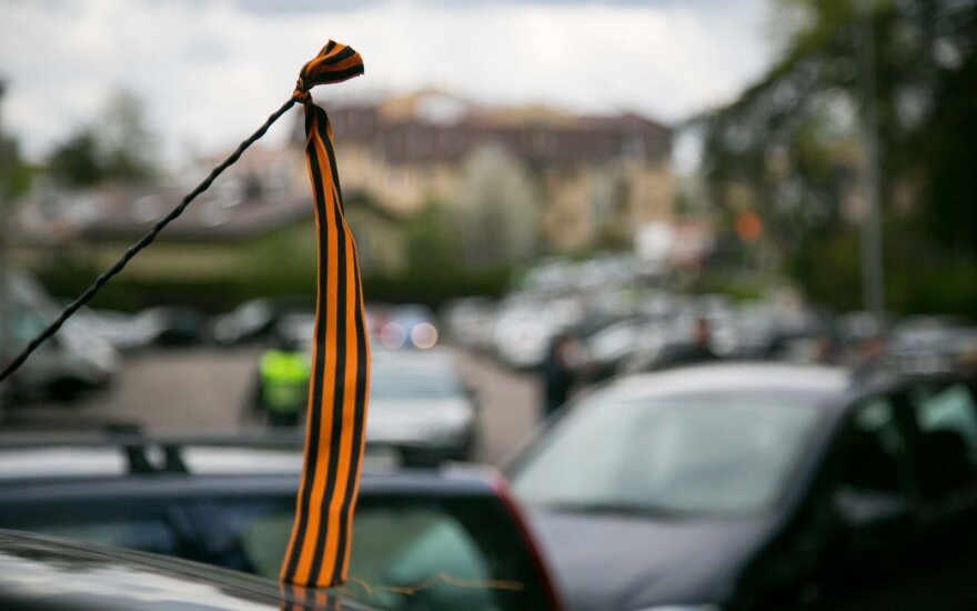 Russian St. George's ribbon on a car in Vilnius on May 9
