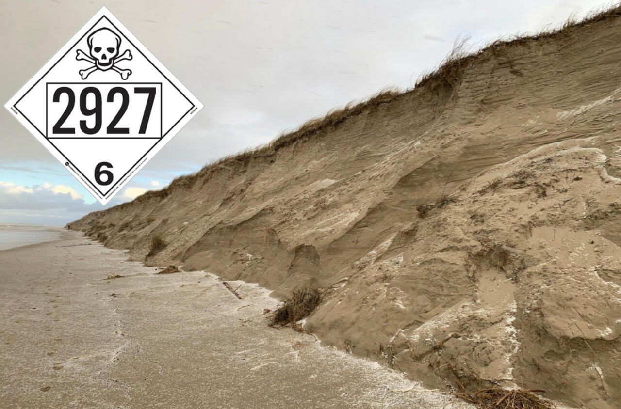 Farlig funn etter en storm på Nida-stranden: UN 2927-varsel på en metalltønne